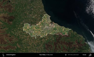 Tees Valley 'de. Birleşik Krallık 'ın idari alanı, Mayıs 2020' de çekilen Kopernik Nöbetçi karolarından oluşan koyu renkli bir uydu görüntüsü üzerinde vurgulandı ve özetlendi.