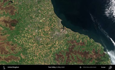 Tees Valley 'de. Mayıs 2020 'de Copernicus Sentinel karolarından oluşan bir uydu görüntüsü üzerinde Birleşik Krallık' ın idari alanı