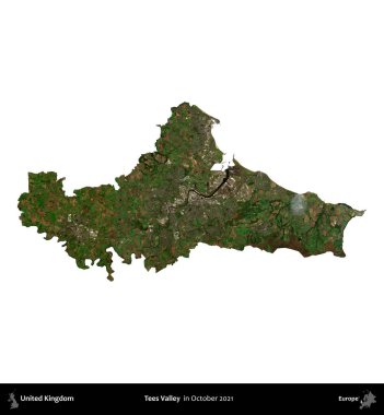 Tees Valley 'de. Birleşik Krallık 'ın idari alanı, Ekim 2021' de çekilen Kopernik Nöbetçi karolarından oluşan bir uydu görüntüsüyle beyaza izole edildi.