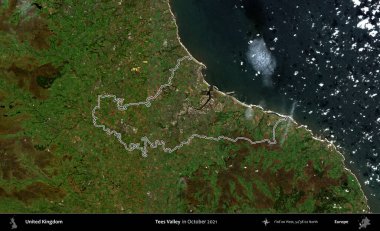 Tees Valley 'de. Ekim 2021 'de çekilen Kopernik Nöbetçi karolarından oluşan bir uydu görüntüsü üzerinde Birleşik Krallık' ın idari alanının ana hatlarını belirledik.