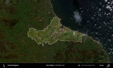 Tees Valley 'de. Birleşik Krallık 'ın idari alanı, Ekim 2021' de çekilen Kopernik Nöbetçi karolarından oluşan koyu renkli bir uydu görüntüsü üzerinde vurgulandı ve özetlendi.
