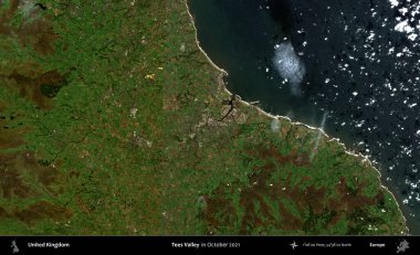 Tees Valley 'de. Ekim 2021 'de çekilen Kopernik Nöbetçi karolarından oluşan bir uydu görüntüsü üzerinde Birleşik Krallık' ın idari alanı