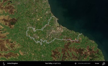 Tees Valley 'de. Nisan 2023 'te çekilen Kopernik Nöbetçi karolarından oluşan bir uydu görüntüsü üzerinde Birleşik Krallık' ın idari alanının ana hatlarını belirledik.