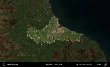 Tees Valley 'de. Birleşik Krallık 'ın idari alanı, Nisan 2023' te çekilen Kopernik Nöbetçi karolarından oluşan koyu renkli bir uydu görüntüsü üzerinde vurgulandı ve özetlendi.