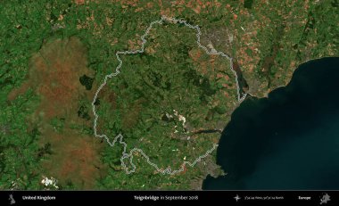 Teignbridge 'de. Eylül 2018 'de çekilen Kopernik Nöbetçi karolarından oluşan bir uydu görüntüsü üzerinde Birleşik Krallık' ın idari alanının ana hatlarını belirledik.