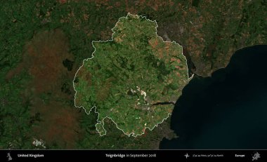 Teignbridge 'de. Birleşik Krallık 'ın idari alanı, Eylül 2018' de çekilen Kopernik Nöbetçi karolarından oluşan koyu renkli bir uydu görüntüsü üzerinde vurgulandı ve özetlendi.