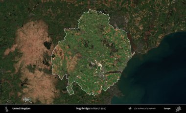 Teignbridge 'de. Birleşik Krallık 'ın idari alanı, Mart 2020' de çekilen Kopernik Nöbetçi karolarından oluşan koyu renkli bir uydu görüntüsü üzerinde vurgulandı ve özetlendi.