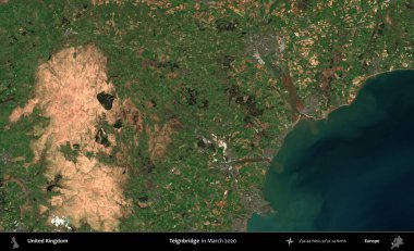 Teignbridge 'de. Mart 2020 'de Copernicus Sentinel karolarından oluşan bir uydu görüntüsü üzerinde Birleşik Krallık' ın idari alanı