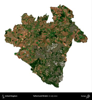 Telford ve Wrekin. Birleşik Krallık 'ın idari alanı, Temmuz 2022' de çekilen Kopernik Nöbetçi karolarından oluşan bir uydu görüntüsüyle beyaza izole edildi.