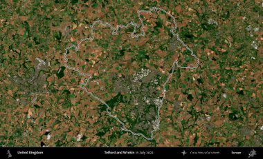 Telford ve Wrekin. Temmuz 2022 'de çekilen Copernicus Sentinel karolarından oluşan bir uydu görüntüsü üzerinde Birleşik Krallık' ın idari bölgesinin ana hatlarını belirledik.