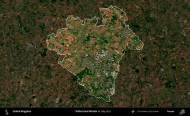 Telford ve Wrekin. Birleşik Krallık 'ın idari alanı, Temmuz 2022' de çekilen Kopernik Nöbetçi karolarından oluşan koyu renkli bir uydu görüntüsüyle vurgulanmış ve özetlenmiştir.