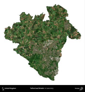 Telford ve Wrekin. Birleşik Krallık 'ın idari alanı, Haziran 2023' te çekilen Kopernik Nöbetçi karolarından oluşan bir uydu görüntüsü üzerinde beyaza izole edilmiştir.
