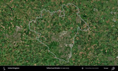 Telford ve Wrekin. Haziran 2023 'te çekilen Kopernik Nöbetçi karolarından oluşan bir uydu görüntüsü üzerinde Birleşik Krallık' ın idari alanının ana hatlarını belirledik.