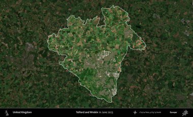 Telford ve Wrekin. Birleşik Krallık 'ın idari alanı, Haziran 2023' te çekilen Kopernik Nöbetçi karolarından oluşan koyu renkli bir uydu görüntüsüyle vurgulanmış ve özetlenmiştir.