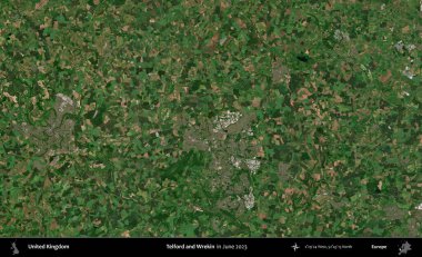 Telford ve Wrekin. Haziran 2023 'te çekilen Kopernik Nöbetçi karolarından oluşan bir uydu görüntüsü üzerinde Birleşik Krallık' ın idari alanı