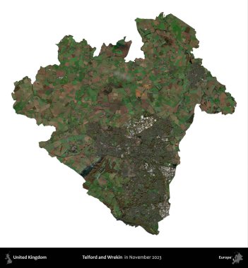 Telford ve Wrekin. Birleşik Krallık 'ın idari alanı, Kasım 2023' te çekilen Kopernik Nöbetçi karolarından oluşan bir uydu görüntüsü üzerinde beyaza izole edilmiştir.