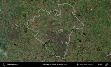 Telford ve Wrekin. Kasım 2023 'te çekilen Kopernik Nöbetçi karolarından oluşan bir uydu görüntüsü üzerinde Birleşik Krallık' ın idari alanının ana hatlarını belirledik.