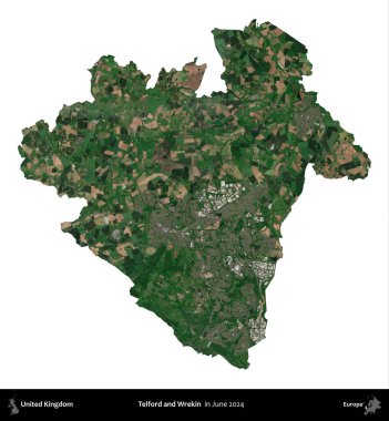 Telford ve Wrekin. Birleşik Krallık 'ın idari alanı, Haziran 2024' te çekilen Kopernik Nöbetçi karolarından oluşan bir uydu görüntüsüyle beyaza izole edilmiştir.