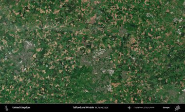 Telford ve Wrekin. Haziran 2024 'te çekilen Kopernik Nöbetçi karolarından oluşan bir uydu görüntüsü üzerinde Birleşik Krallık' ın idari alanı