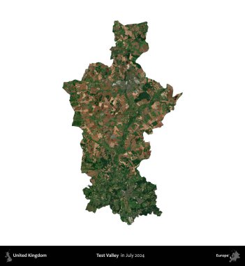 Test vadisi. Birleşik Krallık 'ın idari alanı, Temmuz 2024' te çekilen Kopernik Nöbetçi karolarından oluşan bir uydu görüntüsü ile beyaza izole edilmiştir.