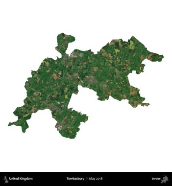 Tewkesbury 'de. Birleşik Krallık 'ın idari alanı, Mayıs 2018' de çekilen Kopernik Nöbetçi karolarından oluşan bir uydu görüntüsü ile beyaza izole edilmiştir.