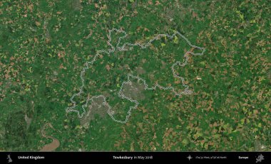 Tewkesbury 'de. Mayıs 2018 'de çekilen Copernicus Sentinel karolarından oluşan bir uydu görüntüsü üzerinde Birleşik Krallık' ın idari bölgesinin ana hatlarını belirledik.