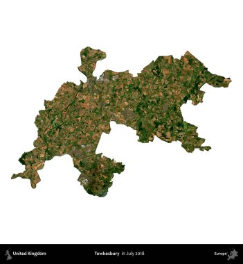 Tewkesbury 'de. Birleşik Krallık 'ın idari alanı, Temmuz 2018' de çekilen Kopernik Nöbetçi karolarından oluşan bir uydu görüntüsüyle beyaza izole edildi.