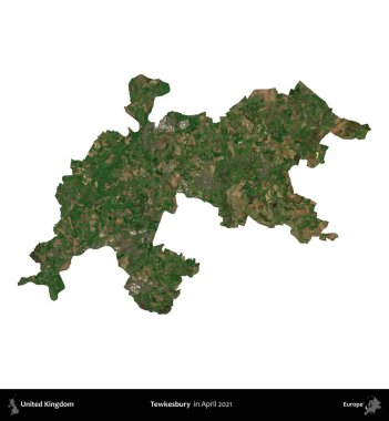 Tewkesbury 'de. Birleşik Krallık 'ın idari alanı, Nisan 2021' de çekilen Kopernik Nöbetçi karolarından oluşan bir uydu görüntüsü üzerinde beyaza izole edilmiştir.