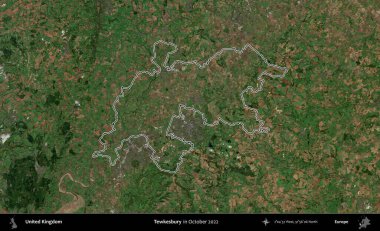Tewkesbury 'de. Ekim 2022 'de çekilen Kopernik Nöbetçi karolarından oluşan bir uydu görüntüsü üzerinde Birleşik Krallık' ın idari alanının ana hatlarını belirledik.