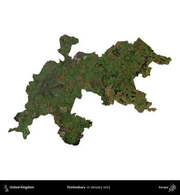 Tewkesbury 'de. Birleşik Krallık 'ın idari alanı, Copernicus Sentinel' in Ocak 2023 'te çekilen uydu görüntüsüyle beyaza izole edildi.