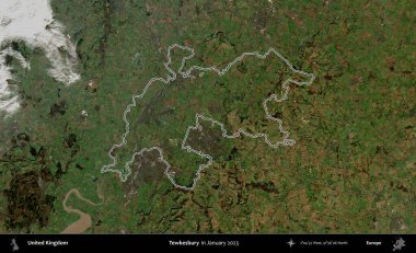 Tewkesbury 'de. Ocak 2023 'te çekilen Kopernik Nöbetçi karolarından oluşan bir uydu görüntüsü üzerinde Birleşik Krallık' ın idari bölgesinin ana hatlarını belirledik.