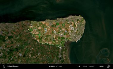 Thanet. Birleşik Krallık 'ın idari alanı, Temmuz 2023' te çekilen Kopernik Nöbetçi karolarından oluşan koyu renkli bir uydu görüntüsüyle vurgulanmış ve özetlenmiştir.