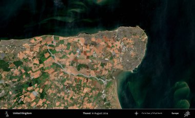 Thanet. Ağustos 2024 'te çekilen Kopernik Nöbetçi karolarından oluşan bir uydu görüntüsü üzerinde Birleşik Krallık' ın idari bölgesinin ana hatlarını belirledik.