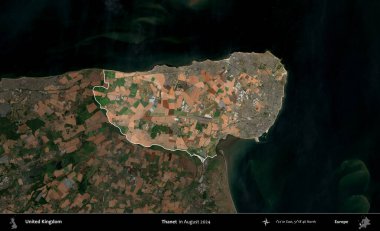 Thanet. Birleşik Krallık 'ın idari alanı, Ağustos 2024' te çekilen Kopernik Nöbetçi karolarından oluşan koyu renkli bir uydu görüntüsü üzerinde vurgulandı ve özetlendi.