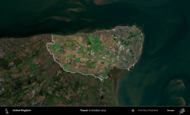 Thanet. Birleşik Krallık 'ın idari alanı, Ekim 2024' te çekilen Kopernik Nöbetçi karolarından oluşan koyu renkli bir uydu görüntüsü üzerinde vurgulandı ve özetlendi.
