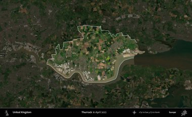 Thurrock. Birleşik Krallık 'ın idari alanı, Nisan 2022' de çekilen Kopernik Nöbetçi karolarından oluşan koyu renkli bir uydu görüntüsü üzerinde vurgulandı ve özetlendi.