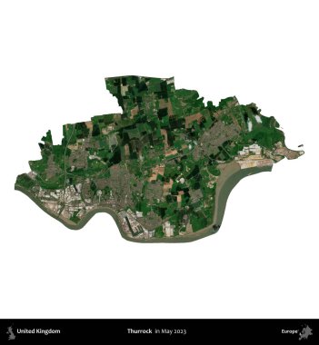 Thurrock. Birleşik Krallık 'ın idari alanı, Mayıs 2023' te çekilen Kopernik Nöbetçi karolarından oluşan bir uydu görüntüsü üzerinde beyaza izole edilmiştir.