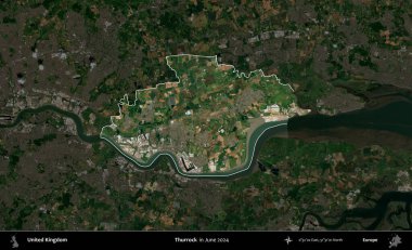 Thurrock. Birleşik Krallık 'ın idari alanı, Haziran 2024' te çekilen Kopernik Nöbetçi karolarından oluşan koyu renkli bir uydu görüntüsü üzerinde vurgulandı ve özetlendi.