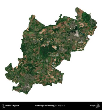 Tonbridge ve Malling. Birleşik Krallık 'ın idari alanı, Temmuz 2024' te çekilen Kopernik Nöbetçi karolarından oluşan bir uydu görüntüsü ile beyaza izole edilmiştir.
