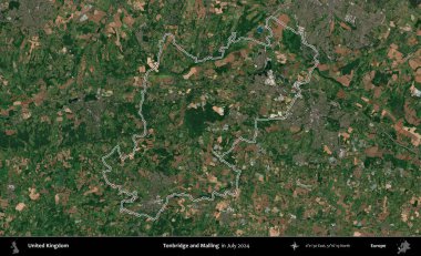 Tonbridge ve Malling. Temmuz 2024 'te çekilen Copernicus Sentinel karolarından oluşan bir uydu görüntüsü üzerinde Birleşik Krallık' ın idari bölgesinin ana hatlarını belirledik.