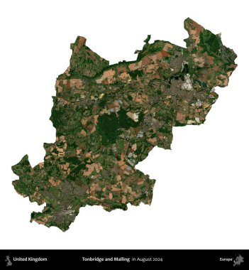 Tonbridge ve Malling. Birleşik Krallık 'ın idari alanı, Ağustos 2024' te çekilen Kopernik Nöbetçi karolarından oluşan bir uydu görüntüsü üzerinde beyaza izole edilmiştir.