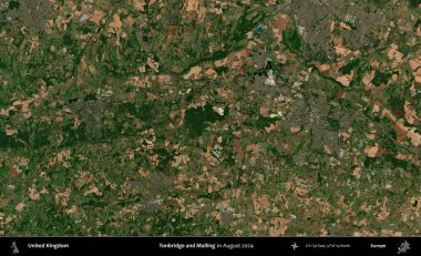 Tonbridge ve Malling. Ağustos 2024 'te çekilen Kopernik Nöbetçi karolarından oluşan bir uydu görüntüsü üzerinde Birleşik Krallık' ın idari alanı