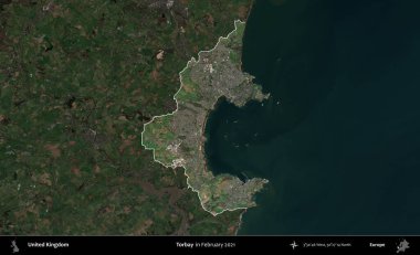 Torbay. Birleşik Krallık 'ın idari alanı, Şubat 2021' de çekilen Kopernik Nöbetçi karolarından oluşan koyu renkli bir uydu görüntüsü üzerinde vurgulandı ve özetlendi.
