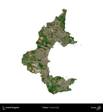Torbay. Birleşik Krallık 'ın idari alanı, Haziran 2023' te çekilen Kopernik Nöbetçi karolarından oluşan bir uydu görüntüsü üzerinde beyaza izole edilmiştir.