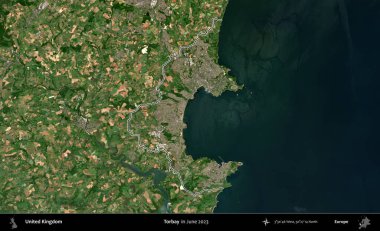 Torbay. Haziran 2023 'te çekilen Kopernik Nöbetçi karolarından oluşan bir uydu görüntüsü üzerinde Birleşik Krallık' ın idari alanının ana hatlarını belirledik.