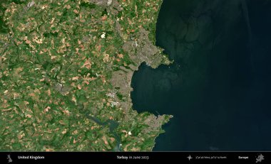 Torbay. Haziran 2023 'te çekilen Kopernik Nöbetçi karolarından oluşan bir uydu görüntüsü üzerinde Birleşik Krallık' ın idari alanı