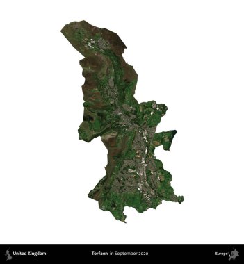 Torfaen. Birleşik Krallık 'ın idari alanı, Eylül 2020' de çekilen Kopernik Nöbetçi karolarından oluşan bir uydu görüntüsü üzerinde beyaza izole edilmiştir.