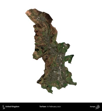 Torfaen. Birleşik Krallık 'ın idari alanı, Şubat 2021' de çekilen Kopernik Nöbetçi karolarından oluşan bir uydu görüntüsü üzerinde beyaza izole edilmiştir.