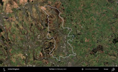 Torfaen. Şubat 2021 'de çekilen Kopernik Nöbetçi karolarından oluşan bir uydu görüntüsü üzerinde Birleşik Krallık' ın idari alanının ana hatlarını belirledik.
