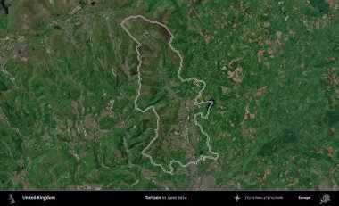 Torfaen. Haziran 2024 'te çekilen Kopernik Nöbetçi karolarından oluşan bir uydu görüntüsü üzerinde Birleşik Krallık' ın idari alanının ana hatlarını belirledik.